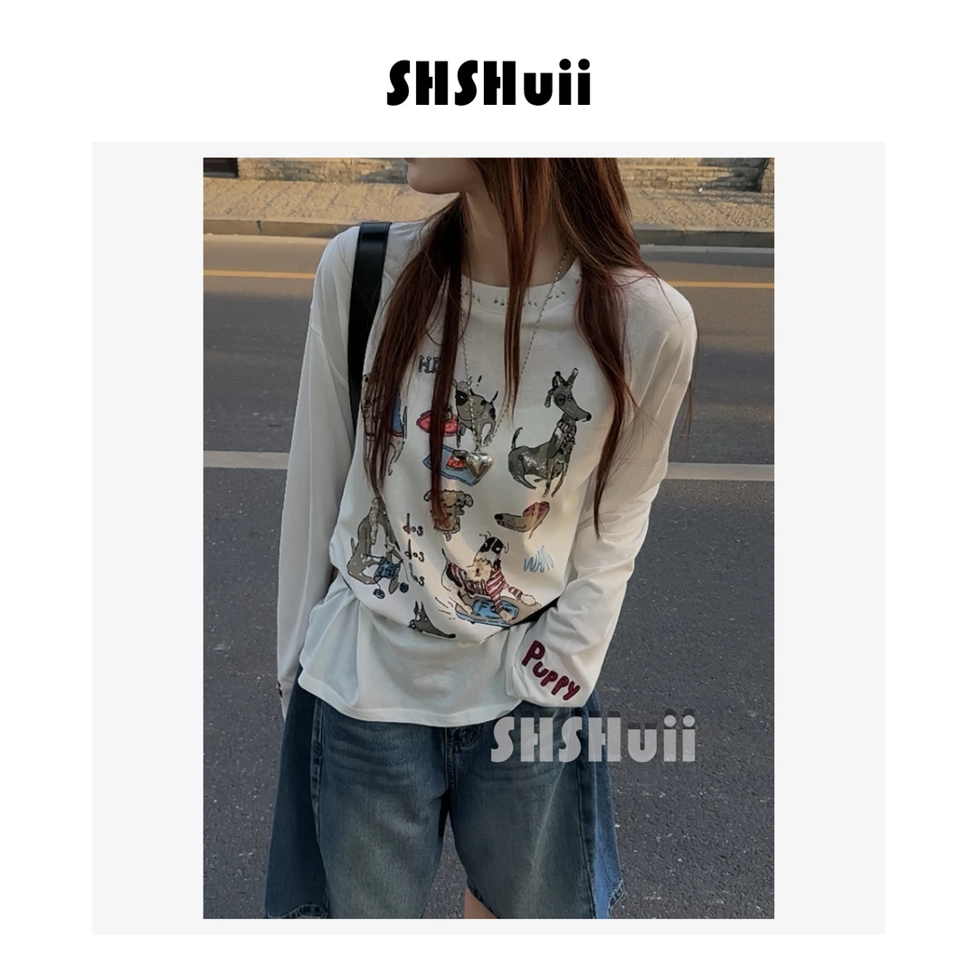 SSHuii【浮光始梦】设计感做旧小狗印花破洞凉感长袖T恤