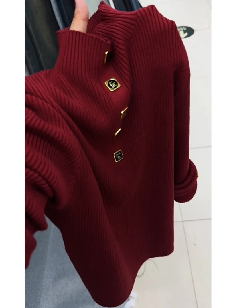 时尚胸扣袖扣拼接半高领长袖针织毛衣女2025冬新款气质打底上衣