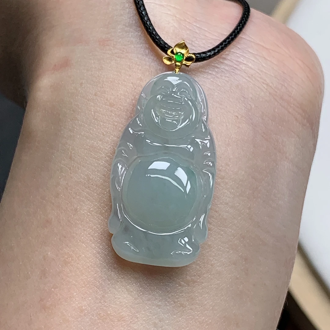 缅甸天然A货翡翠18K金扣头镶嵌冰润站佛吊坠
