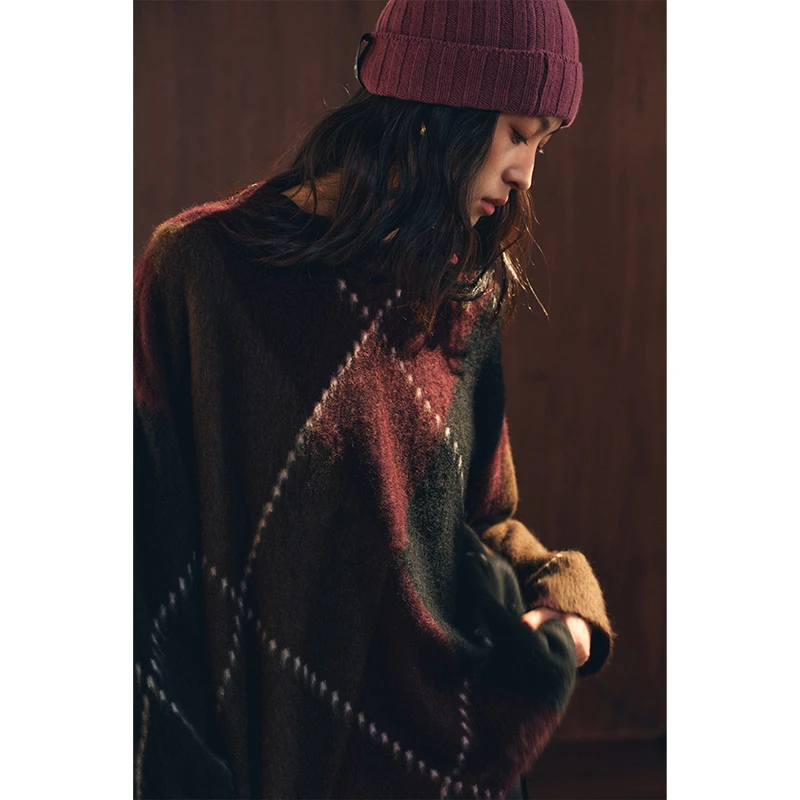 HERLAND她地【阿尔盖】100%牦牛绒美拉德菱格针织衫