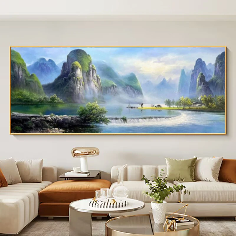 轻奢时尚客厅沙发卧室背景墙装饰画绿水青山山水壁画晶瓷防水挂画
