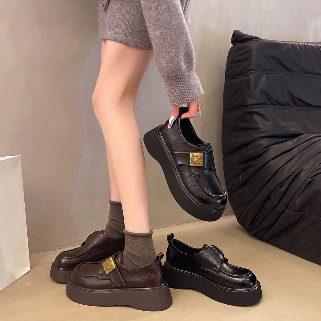 厚底乐福鞋增高松糕小皮鞋2025春秋季新款百搭中跟鞋子女单鞋透气