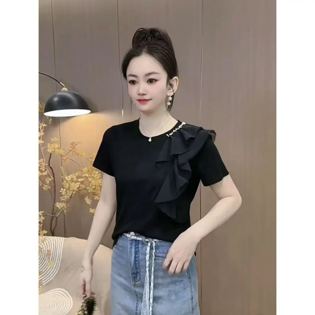 新款气质网纱钉珠设计感洋气休闲时尚短袖T恤上衣女士显瘦个性