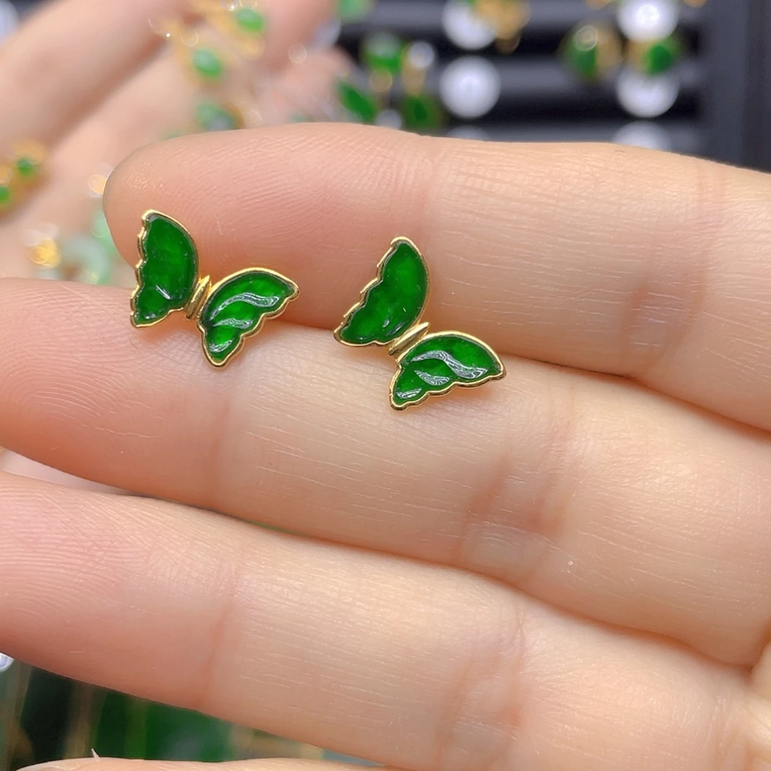 无***鱼18K金镶嵌翡翠耳饰天然翡翠