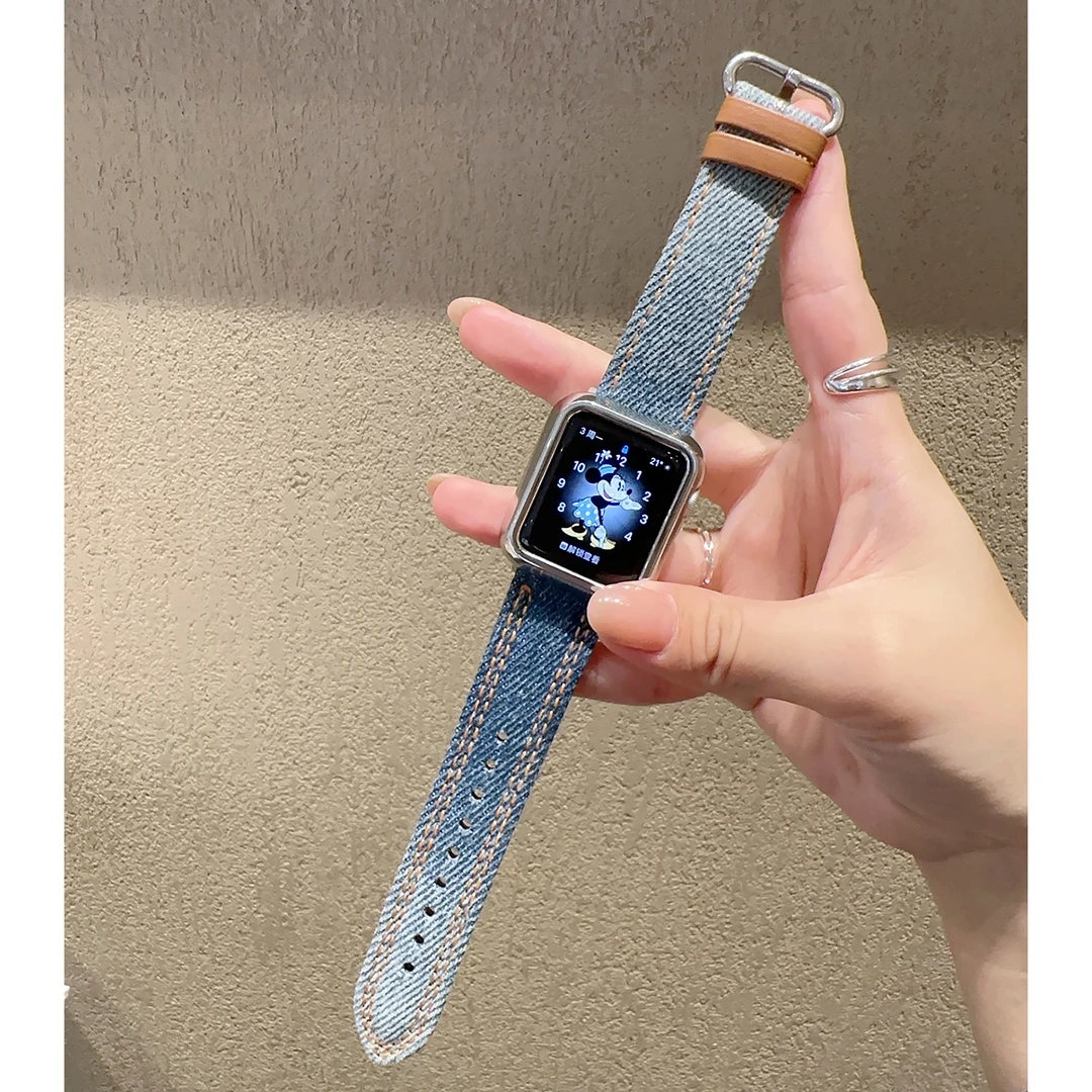 适用苹果手表11代S10987中性男女款双线渐变水洗丹宁牛仔针扣22MM