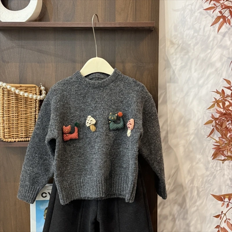l女童立体蘑菇套头毛衣秋冬季25新款加厚内搭针织打底衫上衣洋气