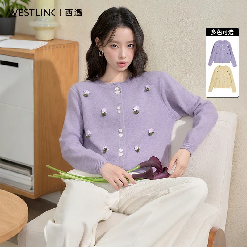 5210西遇宽松毛衣外套女2025年秋季新款立体花朵圆领针织开衫