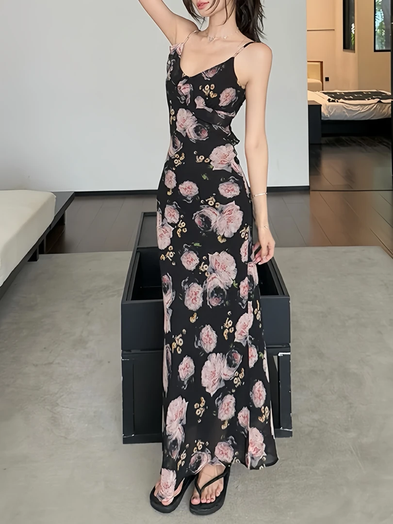 无袖法式印花夏季碎花压绉连衣裙2025新款修身收腰性感气质AM8072