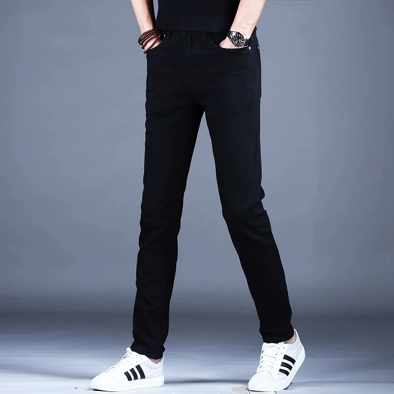 Cebrodz男士黑色牛仔裤新款夏款潮裤子潮牌弹力修身小脚休闲长裤