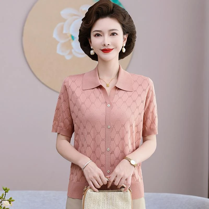 俞兆林新款中老年人翻领套头妈妈装短袖上衣夏提花冰丝T恤小衫薄P