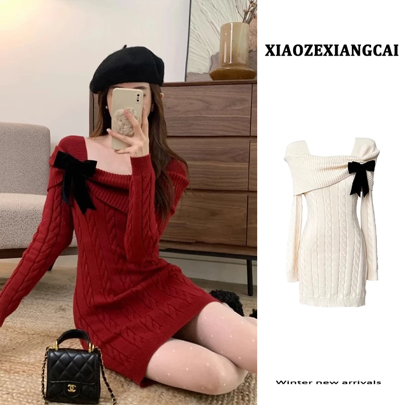 新年过年红色一字肩蝴蝶结麻花毛衣裙女秋冬季打底针织连衣短裙子