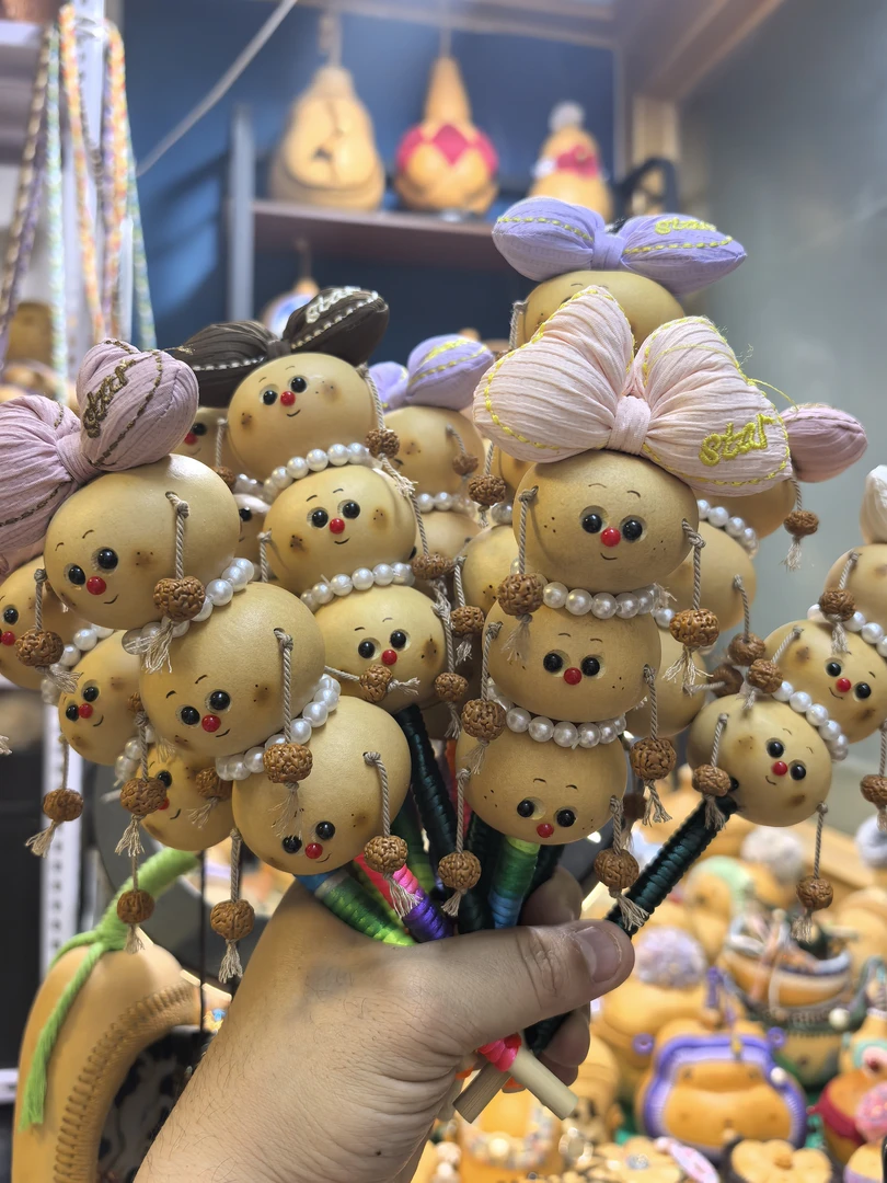 手工小熊脸造型糖葫芦拨浪鼓，非遗烙画特色文玩葫芦