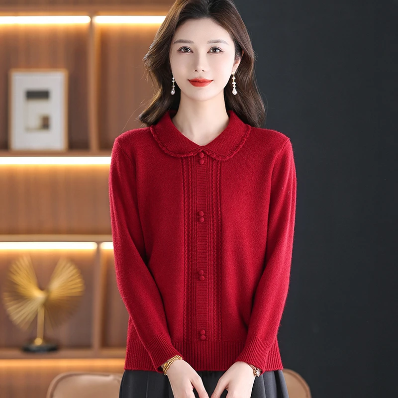 翻领针织衫女长袖羊毛衫秋装2025新款妈妈毛衣洋气秋冬打底衫内搭