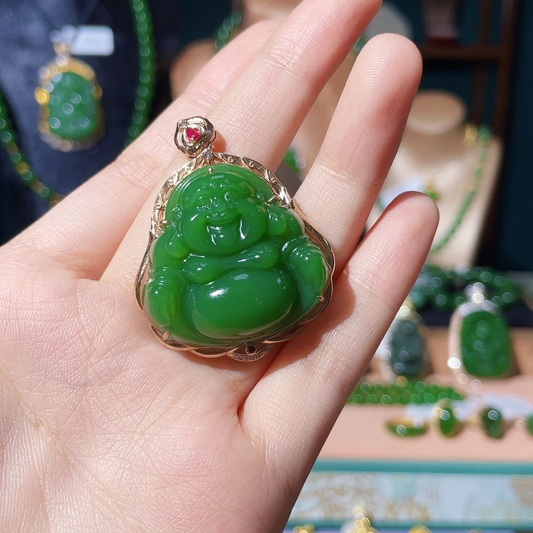 和田玉（碧玉）18K金镶嵌吊坠(不含链)