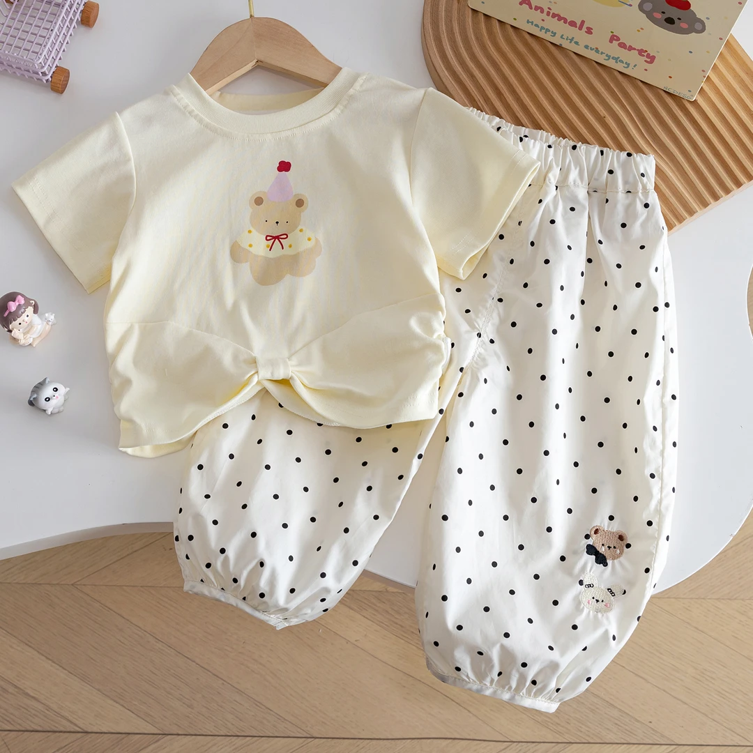 套头卡通卡通动漫薄款女夏季套装上衣休闲夏装碎花女宝小童