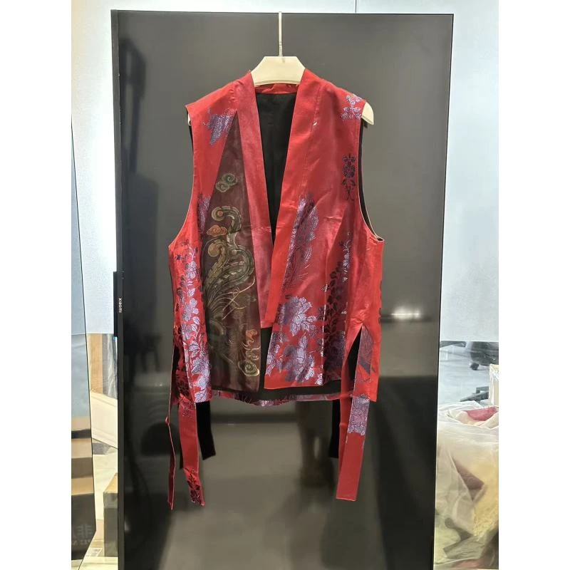 新中式老缎马甲茶花红复古国风刺绣外套