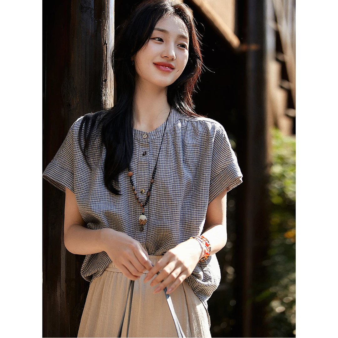 舒凉夏日 纯净亚麻| 细腻小格纹法式短袖衬衫小上衣CYB782831MG