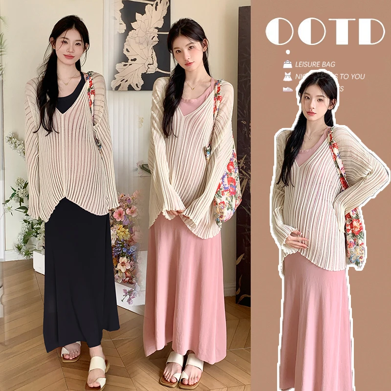 夏季爆款孕妇连衣裙韩版宽松超薄针织防晒衫+吊带裙慵懒风两件套