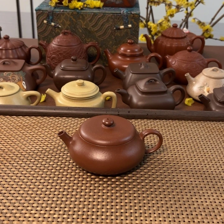 紫砂茶壶扁柿红将坡半手壶