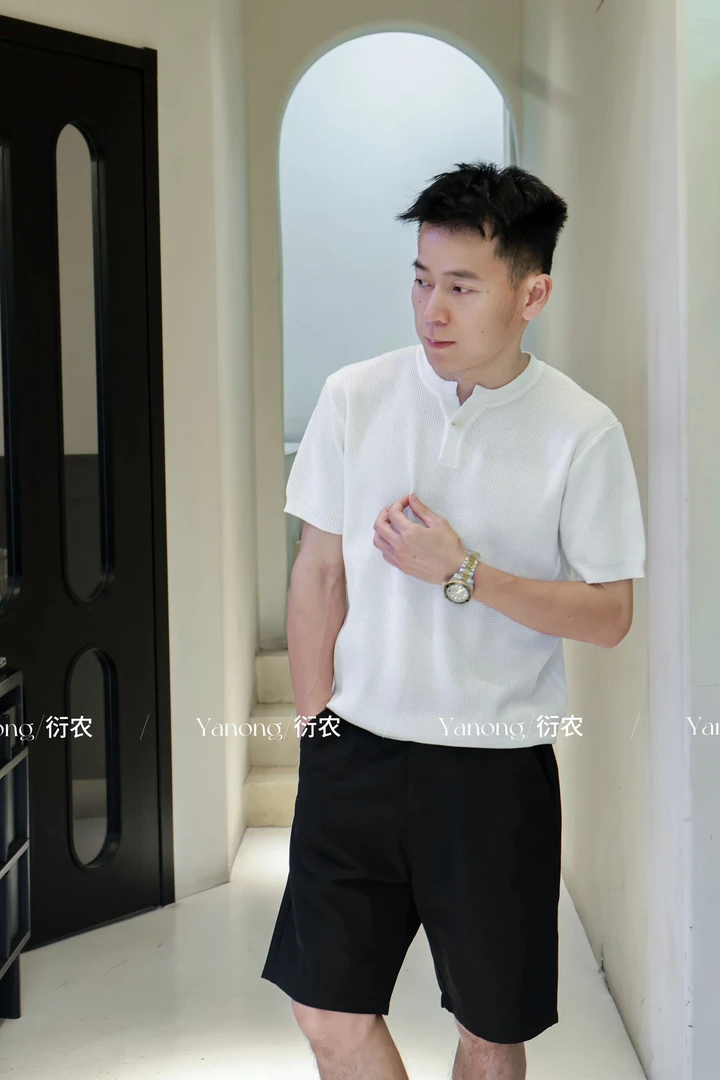 亨利领针织透气男士t恤短袖夏季老钱风男装高级感半袖宽松上衣