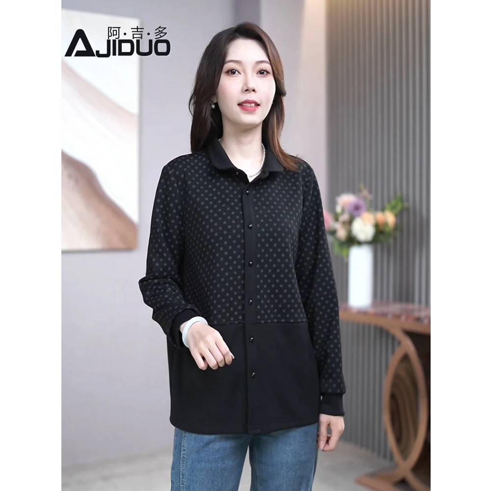阿吉多A22655大码黑色波点衬衫女秋季新款气质高级感拼接显瘦上衣