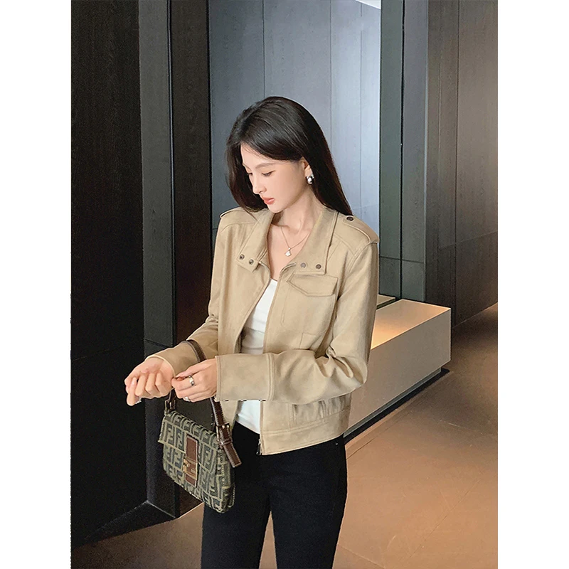 【曼城旧事】美式复古短款夹克外套女春秋季新款修身百搭麂皮绒上衣