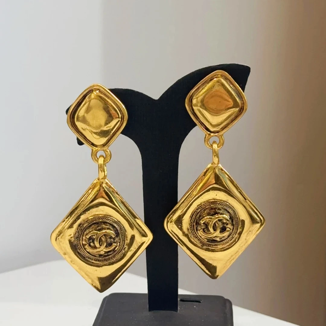 95新 Chanel/香奈儿 Chanel vintage香奈儿中古菱形吊坠耳夹