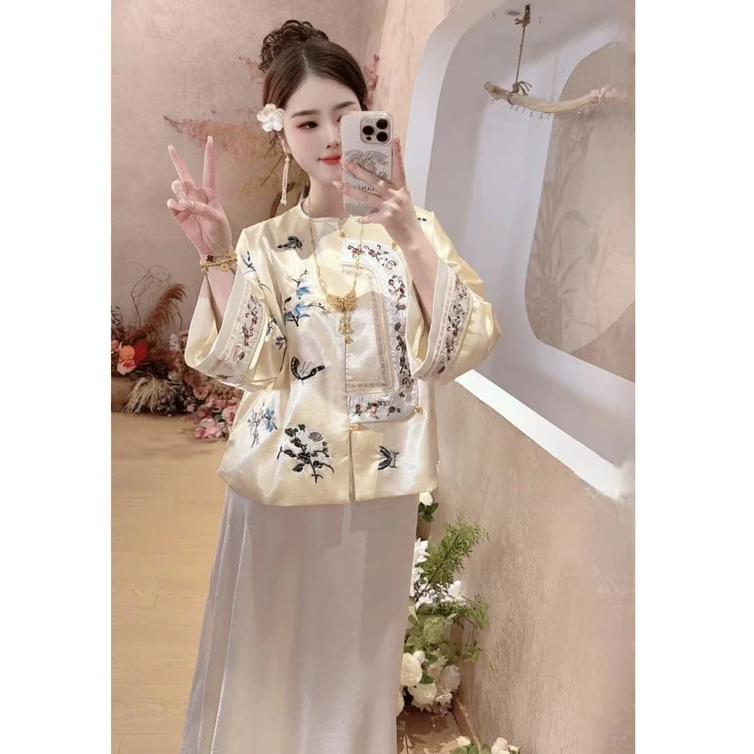2025新款春秋季新中式格格服刺绣醋酸外套宽松时尚气质显瘦上衣