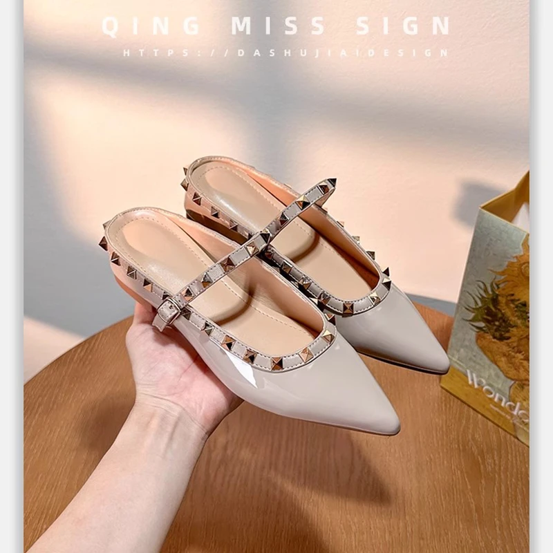 2025春夏新款内增高5cm包头半拖鞋女外穿浅口一字带尖头铆钉鞋