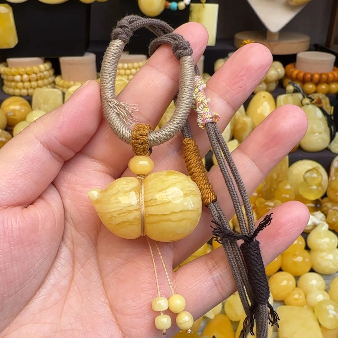 琥珀未镶嵌套链天然俄料虎皮妖花蜜蜡葫芦吊坠