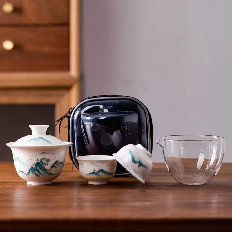 旅行茶具千里江山白瓷一壶两杯A52