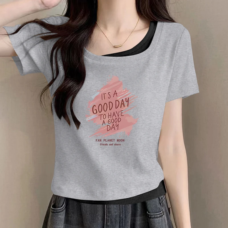 大码胖mm撞色假两件短袖T恤女夏季ins纯欲风辣妹修身显瘦方领上衣