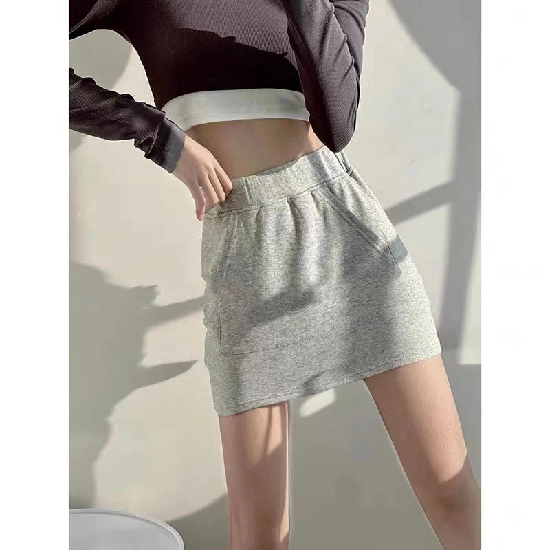 美式复古口袋松紧腰包臀半身裙女甜酷百搭高腰防走光短裙裤B3-4