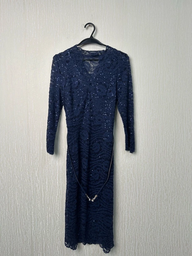 蓝色碎花斜领高弹力春夏秋女装连衣裙秋季刺绣优雅（D281）