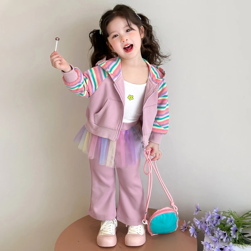 女童彩虹条纹套装洋气春秋连帽外套新款女宝宝休闲两件套女孩时髦