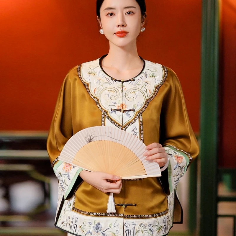 复古日记“青花送福”重工定位绣花！真丝重缎香云太太服24FWT269