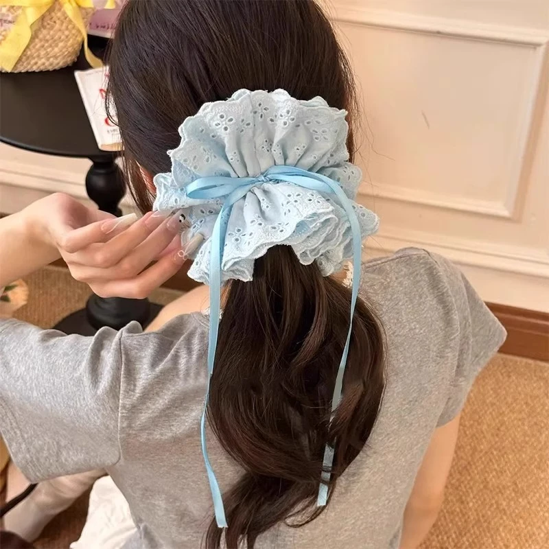 春夏蓝色蕾丝抽绳发圈超大头花丸子头扎发绳高级感低马尾花苞头绳