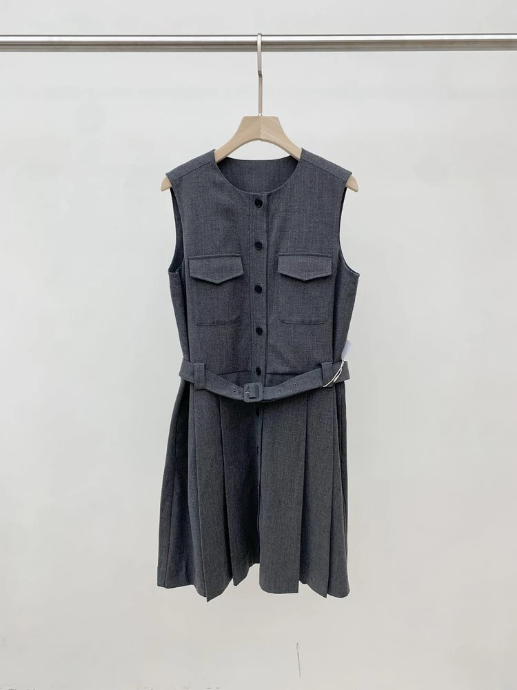 新款无袖弹力华达呢及膝连衣裙-G1025