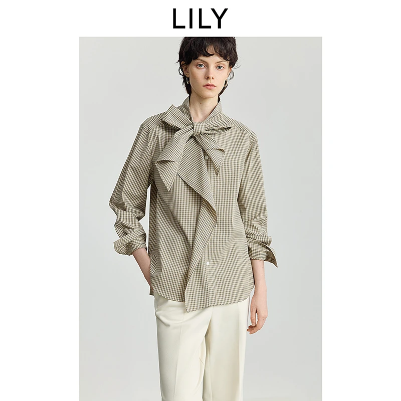 LILY2025冬新款女装纯棉格纹飘带领通勤浅色衬衫外套125459C4913