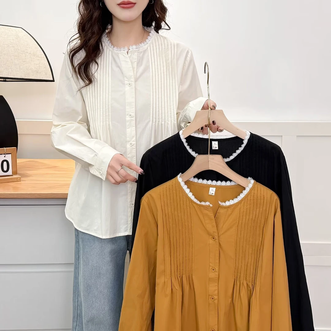 胖mm白色法式花边领衬衫女时尚压褶设计感宽松显瘦长袖娃娃衫上衣