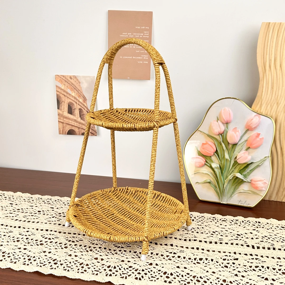 创意双层点心盘客厅大容量家用编织收纳户外野餐托盘果蔬零食盘