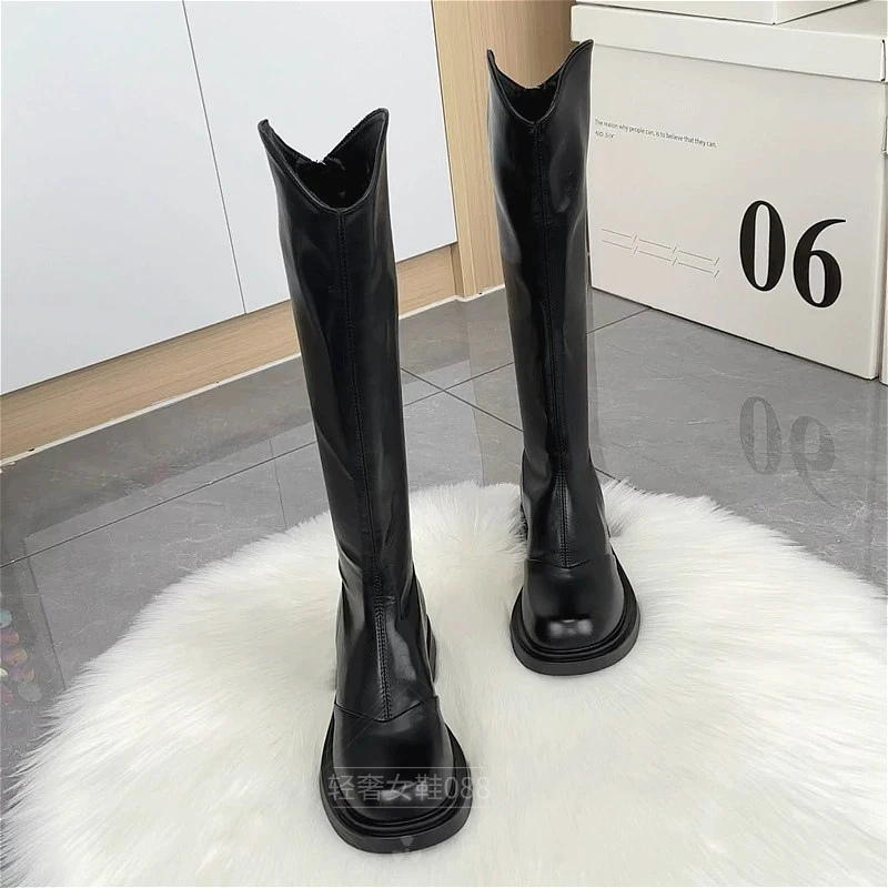 网红时尚显瘦骑士靴女2025秋冬加绒不过膝长筒靴高筒厚底瘦瘦靴