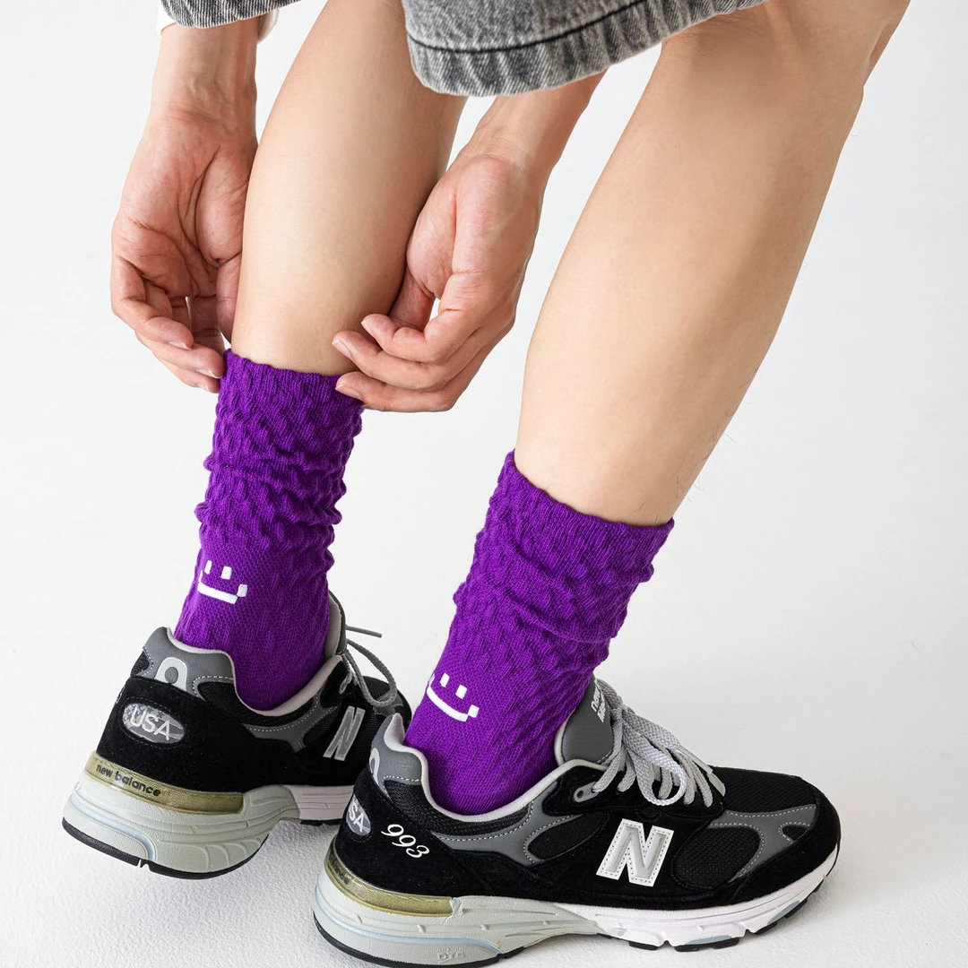 紫色袜子男款长筒秋冬毛巾底加厚运动篮球笑脸中筒堆堆袜潮牌高筒