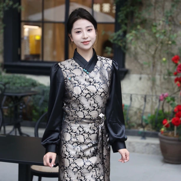 20藏族服饰拼接纱袖博拉裙气质优雅传统民族舞蹈服