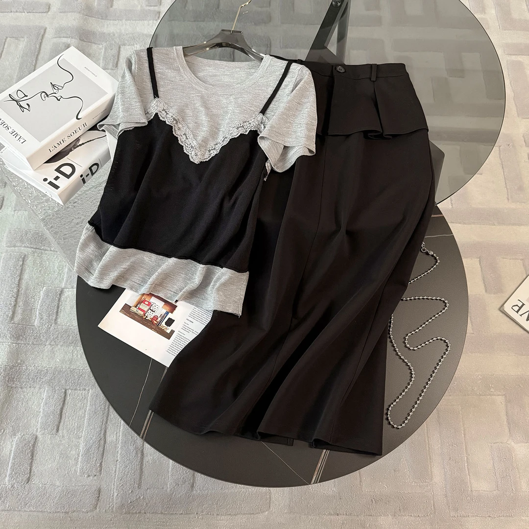 高级感时尚休闲套装女夏新款圆领蕾丝拼接上衣开叉半身长裙两件套