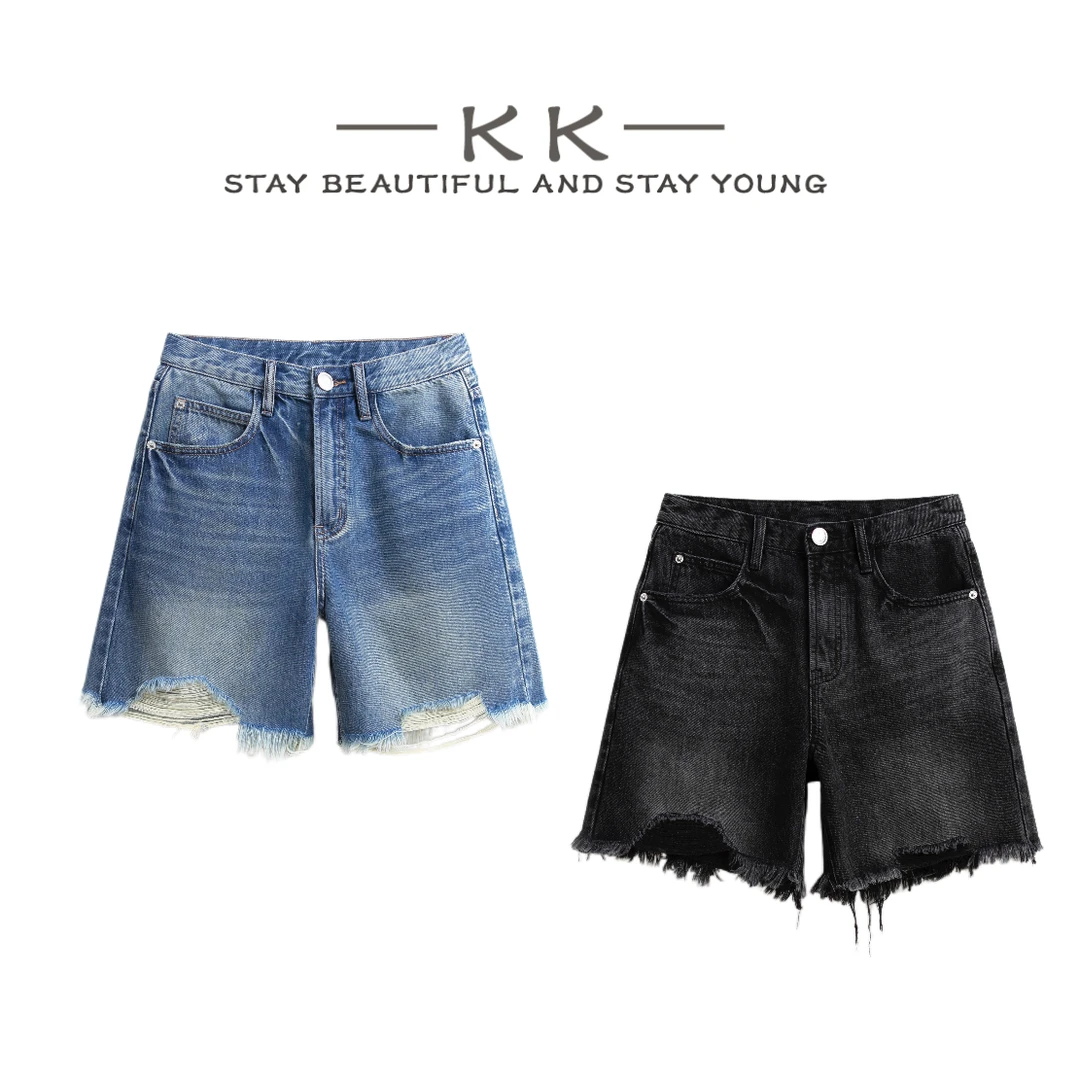 KK欧版 · 四分毛边· 夏季破洞百搭显瘦宽松四分牛仔短裤毛边90