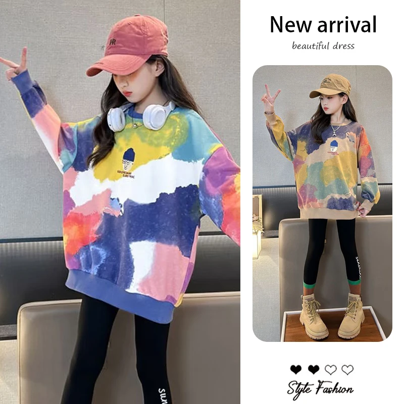 春秋6-12岁潮款女童卫衣儿童服装新款洋气时髦扎染上衣宽松百搭潮