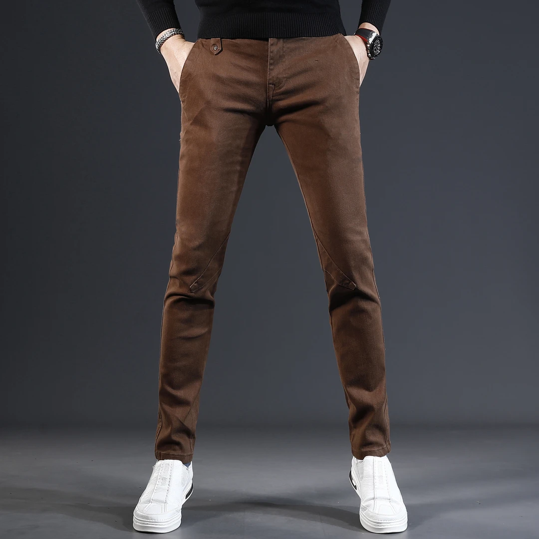 MR.25咖啡色休闲牛仔裤秋冬款修身小脚新款高端弹力百搭男士裤子