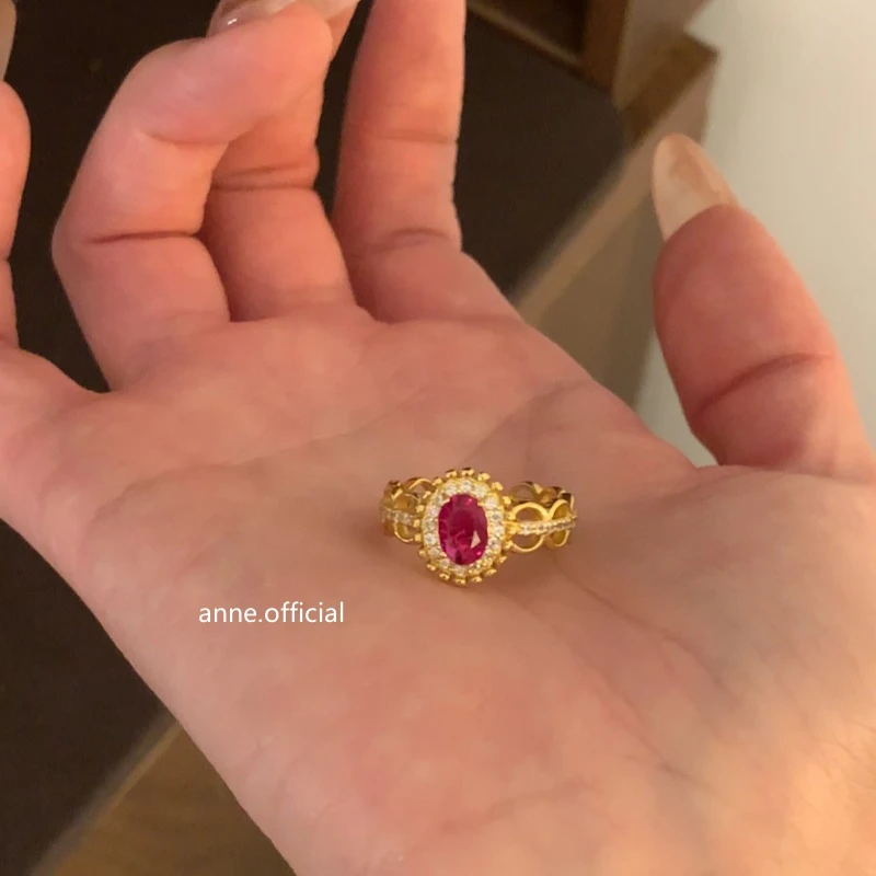 铜合金戒指 【J188】复古高级感镶嵌红锆开口可调节戒指