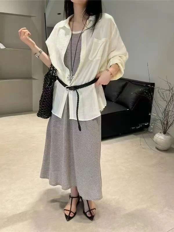 【NO退NO换】福秒-套装呀轻薄衬衫+条纹圆领背心连衣裙（CY80675#）CY